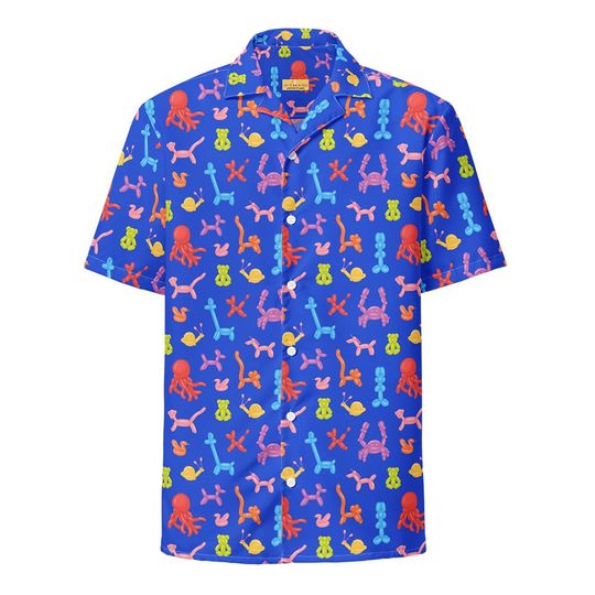 Balloon Animals Button Up | Unisex Oversized Hawaiian Shirt | Clowncore, Kidcore, Novelty Top, Birthday Party, Unique Funny Gift