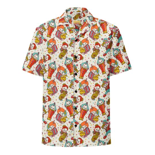 Kewpie Clown Button Up | Unisex Oversized Hawaiian Shirt | Clowncore, Kidcore, Retro, Novelty Top, Birthday Party, Unique Funny Gift Idea