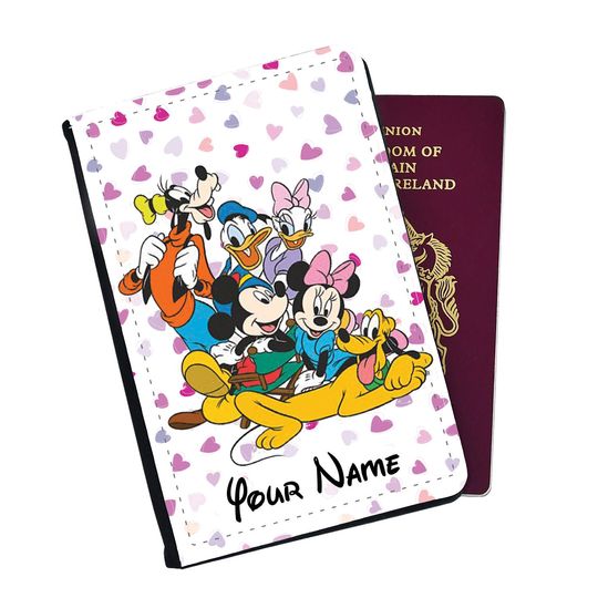 Personalised Faux Leather Passport Cover  With Name, Travel Accessory Gift, Travel Gift, Disney Mickey Mouse and Friends