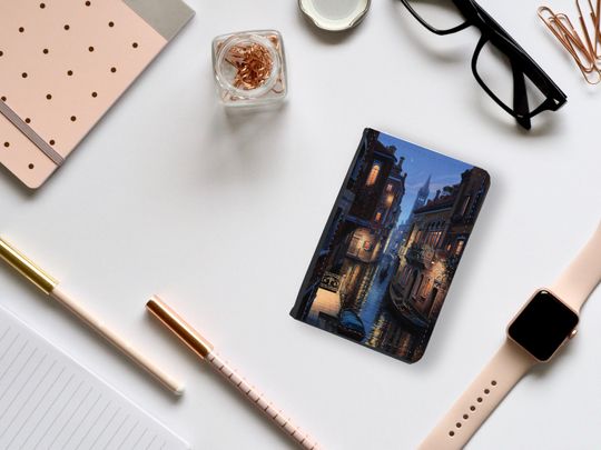Stylish Faux Leather Passport Cover- Travel Accessories Gift - Vintage Drawing Italy Venice, the City of Canal