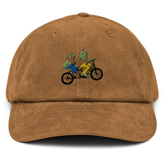 Frog and Toad Bike Corduroy Hat, Embroidered Hat, Gift Cap, Gift for Him, Gift for Her