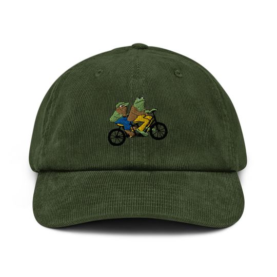 Frog and Toad Bike Corduroy Hat, Embroidered Hat, Gift Cap, Gift for Him, Gift for Her
