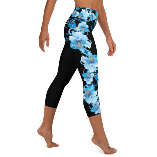 Bold Blue Flower Yoga Capri Leggings