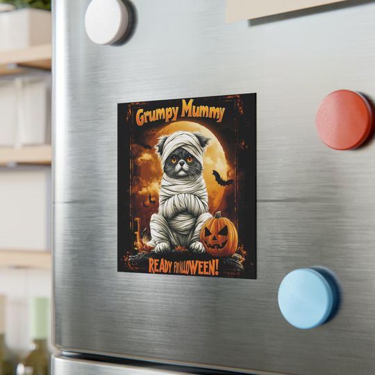 Halloween Square Magnet |Cute Grumpy Cat Mummy | Cute and Funny Fridge Magnet For Home or For Your Car | Gag Gift For Halloween