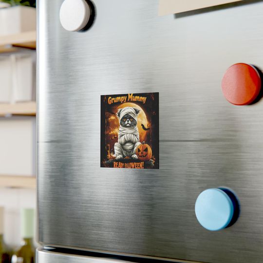Halloween Square Magnet |Cute Grumpy Cat Mummy | Cute and Funny Fridge Magnet For Home or For Your Car | Gag Gift For Halloween