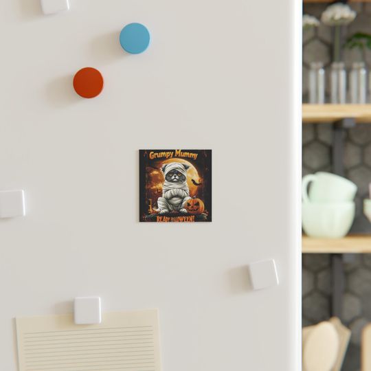 Halloween Square Magnet |Cute Grumpy Cat Mummy | Cute and Funny Fridge Magnet For Home or For Your Car | Gag Gift For Halloween