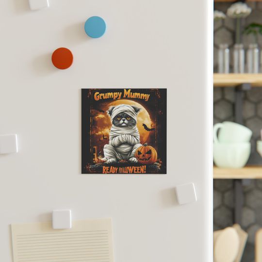 Halloween Square Magnet |Cute Grumpy Cat Mummy | Cute and Funny Fridge Magnet For Home or For Your Car | Gag Gift For Halloween