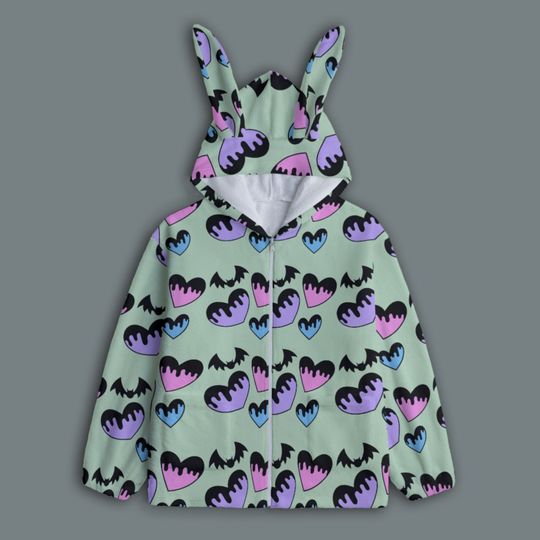 Pastel Plush Cat Ear Hoodie, Pastel Goth Aesthetic, Kawaii Harajuku, Lovecore Style, Gift for Bat Lover, Haaady Gyaru
