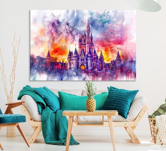 Disney Wall Art, Cinde Castle Disney Prints Art, Living Kids Home Room Decor Art, Disneyland Poster, watercolor art paintings on canvas