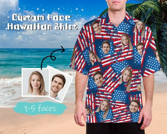 American Flag Hawaiian Shirt, Custom Face Hawaiian Shirt, Personalized Independence Day Shirt
