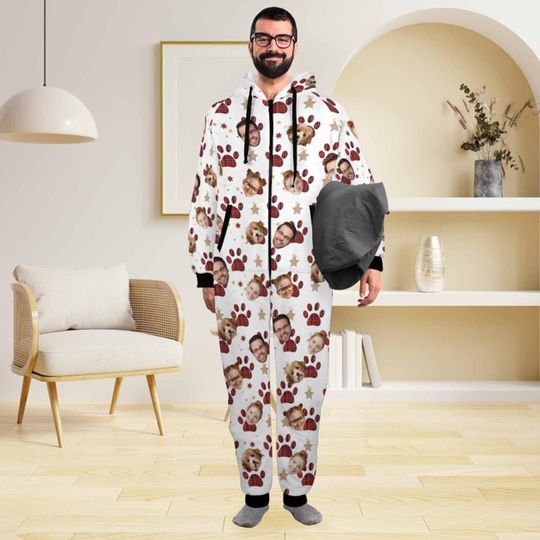 Personalized Face One-Piece Pajamas: Custom Flannel Hooded Jumpsuit