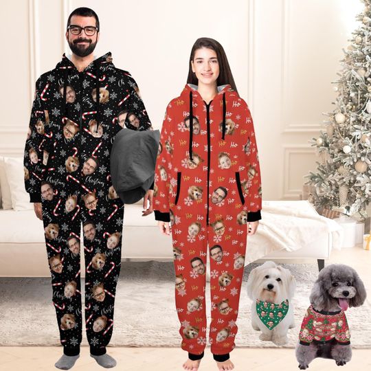 Personalized Face One-Piece Pajamas: Custom Flannel Hooded Jumpsuit