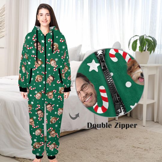Personalized Face One-Piece Pajamas: Custom Flannel Hooded Jumpsuit