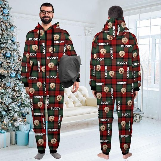 Personalized Dog Face Hooded Pajamas: Custom Photo Flannel One-Piece