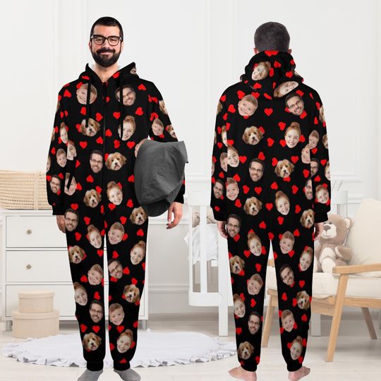 Custom Face One-Piece Pajamas: Personalized Flannel Family & Pet PJs