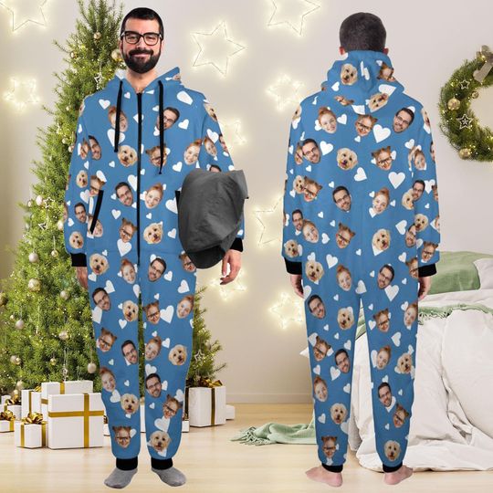 Personalized Face Hooded Pajamas: Custom Family Photo Zipper Flannel Onesie
