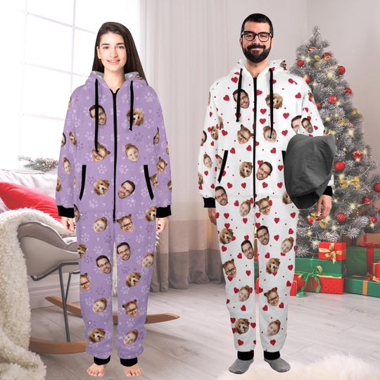 Custom Pictures Pajamas,Customize one-piece Faces Pajamas,Personalized Hooded Pajamas with Dog Face,Lovers Pajamas,Christmas Gifts