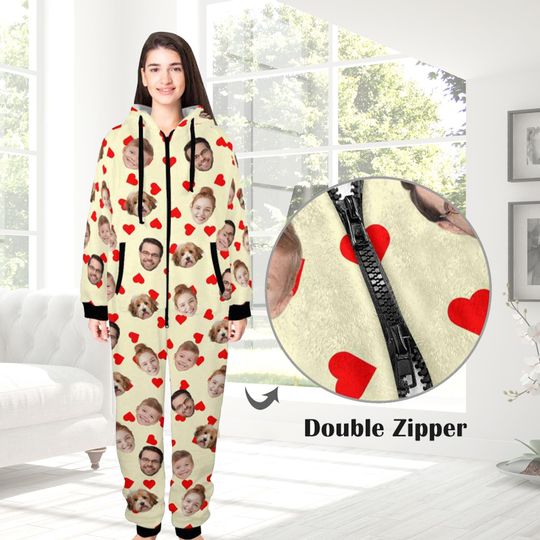 Custom Face Zipper Pajamas: Personalized Flannel One-Piece