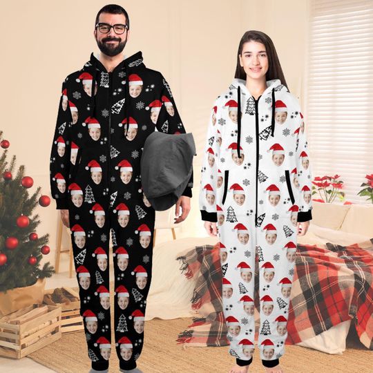 Custom Face Christmas Pajamas: Personalized Hooded Flannel Onesie