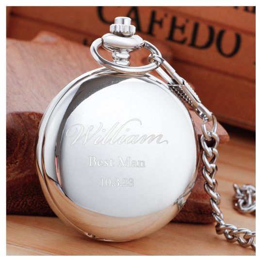 Personalized POCKET WATCH Pocketwatch Groomsmen Gift for Him Dad Men Silver Graduation Wedding Birthday Boyfriend Custom Engraved