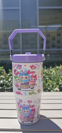 Labubu Kids Adult 30oz Flip Straw Waterbottle with Pink Lid Handle Personalizable