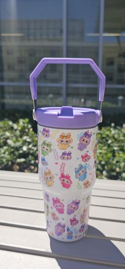 Labubu Kids Adult 30oz Flip Straw Waterbottle with Pink Lid Handle Personalizable