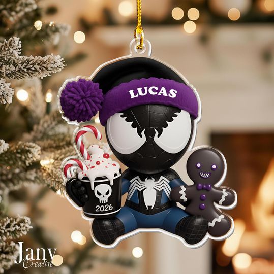 Personalized Black Spiderman Ornament:  Custom Name Acrylic Christmas Decoration