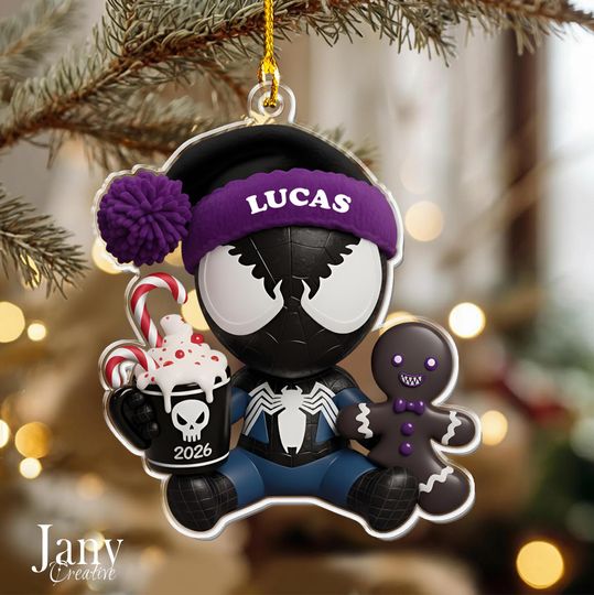 Personalized Black Spiderman Ornament:  Custom Name Acrylic Christmas Decoration