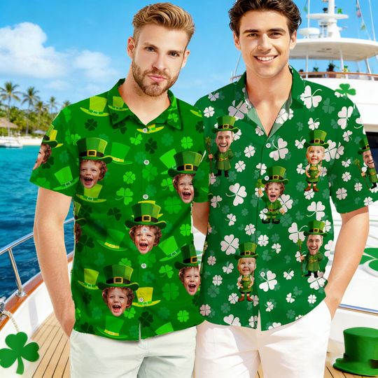 Personalized St Patrick Hawaiian Shirt with Face, Custom Lucky Shamrock Button Shirt
