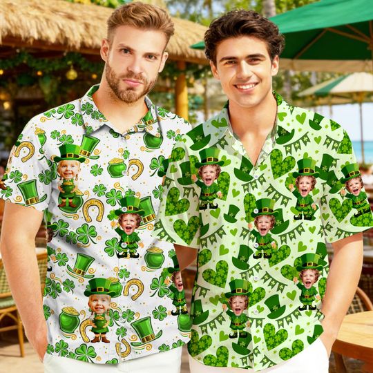 Personalized St Patrick Hawaiian Shirt with Face, Custom Lucky Shamrock Button Shirt