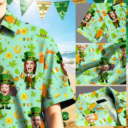 Personalized St Patrick Hawaiian Shirt with Face, Custom Lucky Shamrock Button Shirt