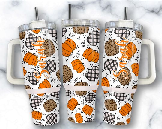 Pumpkin 40 oz Tumbler with Handle: Fall Leopard Print Pumpkin Cup with Straw