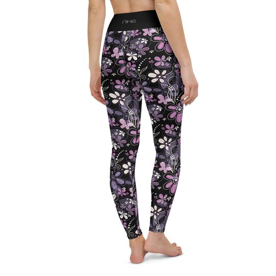 Purple Flower High Waist Leggings Womens