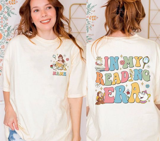 2-sided In My Reading Era Shirt, Personalized Disneyland Belle Book's Shop Princess Girls Trip Shirt, WDW Disneyland Princess Birthday Girl