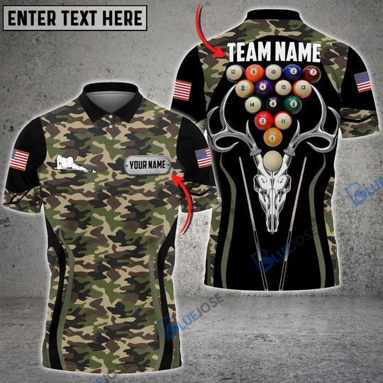 Billiards Camo Pattern USA Flag Personalized Name, Team Name Unisex Shirt