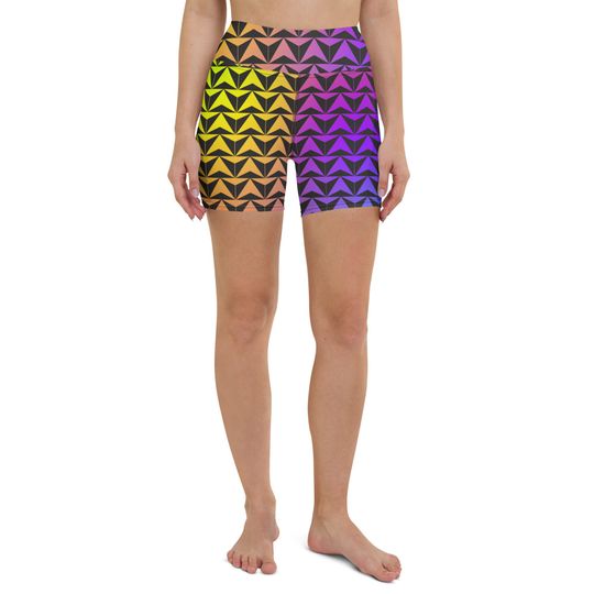 Neon Spaceship World Yoga Shorts- Running Costume, Bounding, Trip Wear
