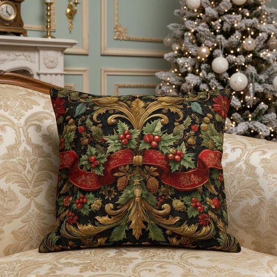 Victorian Christmas Pillow  Baroque Holly & Red Ribbon Cushion