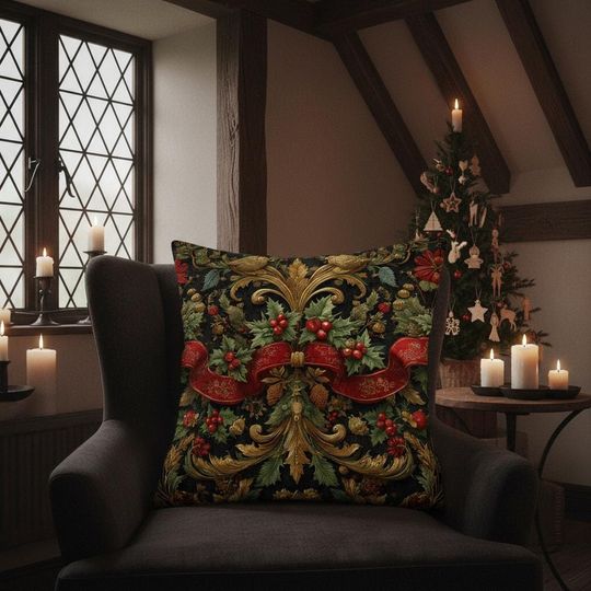 Victorian Christmas Pillow  Baroque Holly & Red Ribbon Cushion
