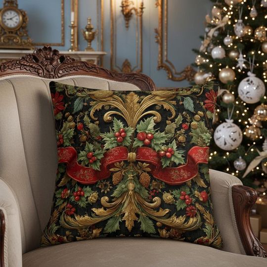 Victorian Christmas Pillow  Baroque Holly & Red Ribbon Cushion
