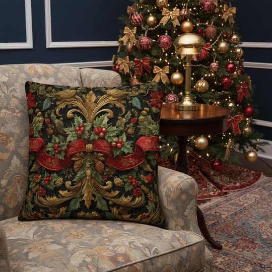 Victorian Christmas Pillow  Baroque Holly & Red Ribbon Cushion
