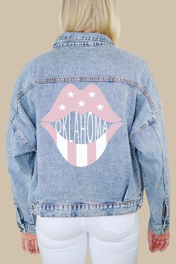 Oklahoma Rose Pink Lips Print Denim Jacket