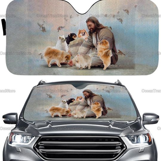 Pomeranian Car Sun Shade, Jesus And Pomeranian Auto Sun Shade