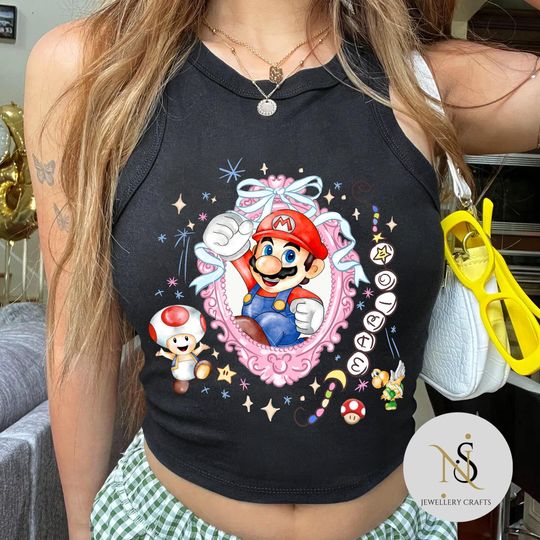Retro Coquette Bow Mario Yoshi Crop Tank Top
