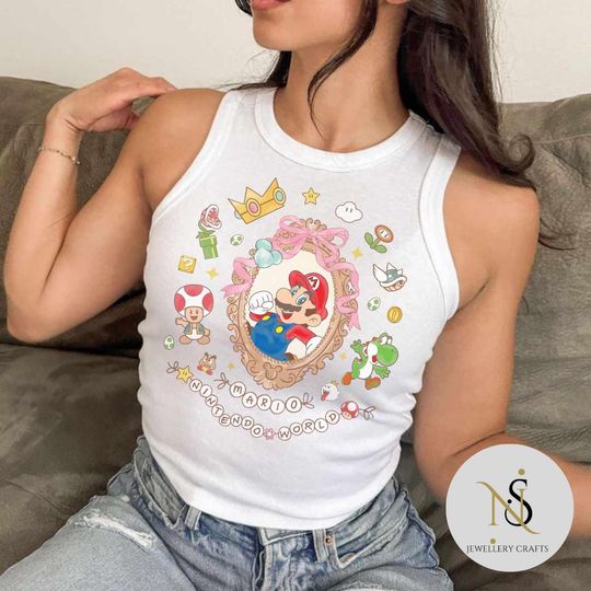 Retro Coquette Bow Yoshi & Mario Crop Tank Top