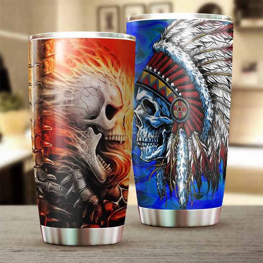 Native American Man Skull Tumbler-Skull Tumbler 20oz