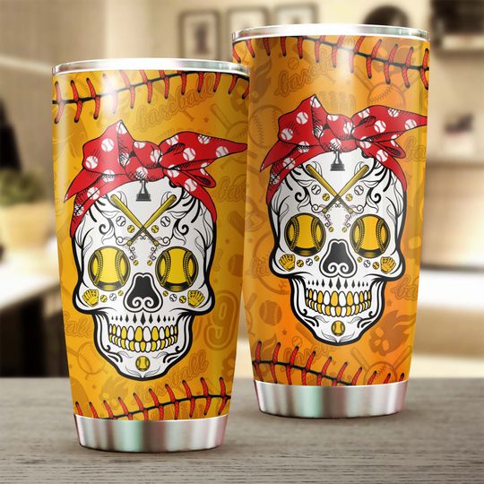 Softball Sugar Skull Tumbler-Skull Tumbler-Fancy Skull Birthday Gift Christmas Tumbler 20oz