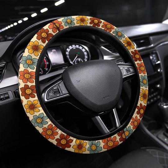 Retro Colorful Smiling Flowers Steering Wheel Cover