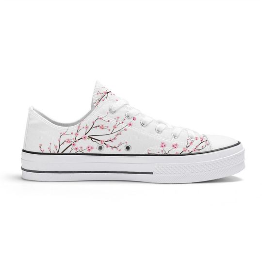 Snow White Unisex Cherry Blossom flower Converse style Low tops, Original Sakura shoes for him, Women Low top sneakers, Kawaii shoes