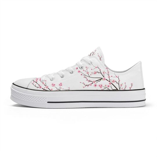 Snow White Unisex Cherry Blossom flower Converse style Low tops, Original Sakura shoes for him, Women Low top sneakers, Kawaii shoes