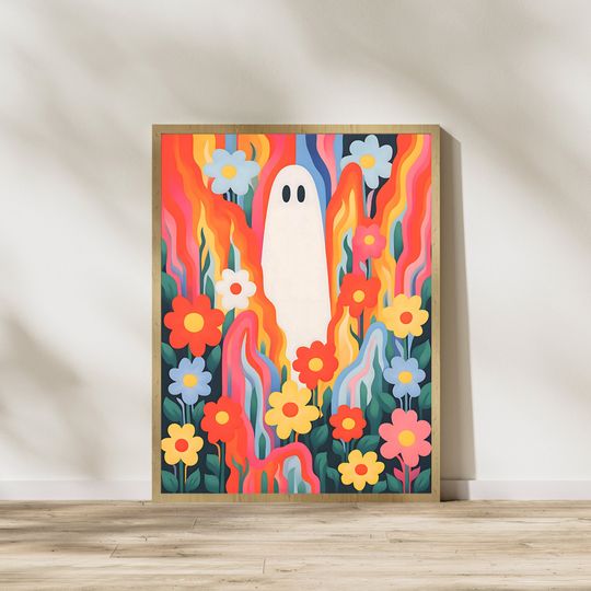 Groovy Ghost - Retro Vibrant Colorful Flowers and Ghosts Print